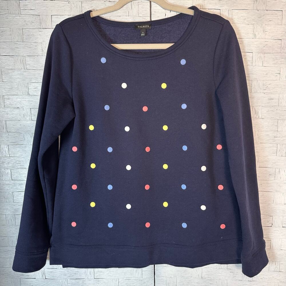 Talbots‎ women sweatshirt navy blue
colorful polkadots embroidered fall cozycore